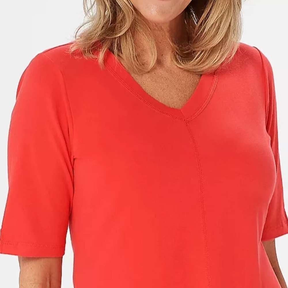 Denim & Co. Sz Large Perfect Jersey Melon V-neck Trapeze Hem Top Cotton/Spandex - Picture 5 of 9